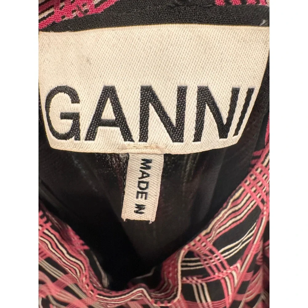 GANNI Pink Black Plaid Mock Neck Long Sleeve Midi Mod Dress Size M - Picture 8 of 13